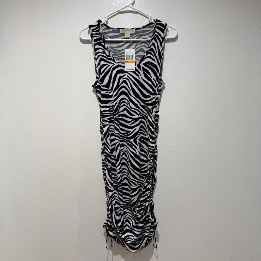 NWT Michael Kors Zebra Sleeveless Ruched Adjustable Dress S Neutral Safari Chic